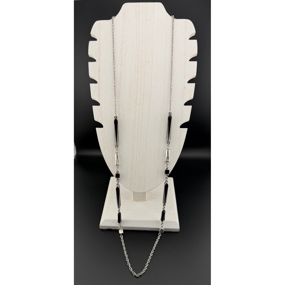 Liz Claiborne Long Station Necklace 42in Silver Gray Geometric Art Deco Bar Cube